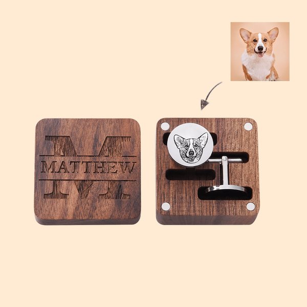 Gemelli incisi personalizzati con ritratto di cane e gatto con monogramma Scatola di legno magnetica Regalo commemorativo per gli sposi per gli amanti