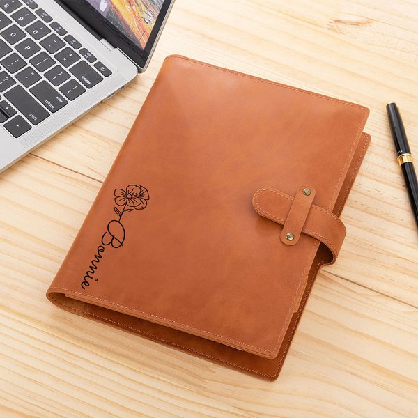 Couverture de Cahier A5 en Cuir Personnalisée avec Nom et Fleur de Naissance Gravés Cadeau Anniversaire pour Artiste Peintre
