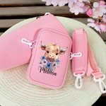 Personalised Highland Cow Birth Flower Name Water Bottle Carrier Bag with Strap Tumbler Accessories for 40oz Stanley Birthday Gift for Family Friend