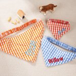 Personalised Gingham Print  Triangle 100% Cotton Pet Bandana with Embroidered Name and Elastic Birthday Party Costume Gift for Dog Cat Lovers