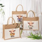 Personalisierte Geburt Blume Hochland Kuh große Jute Tragetasche mit Namen und Canvas Tasche Geburtstag Geschenk für Frauen Hochland Kuh Liebhaber