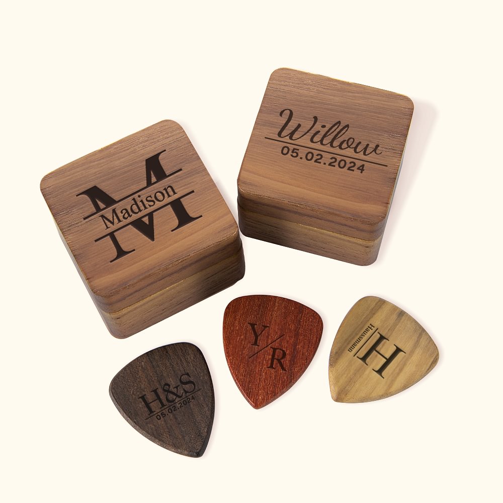 Coffret de rangement pour guitare et médiators en bois avec monogramme gravé Cadeau d'anniversaire pour amoureux de la guitare