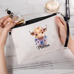 Personalizzato nascita fiore Highland mucca polsino borsa trucco con nome regalo di compleanno per le donne