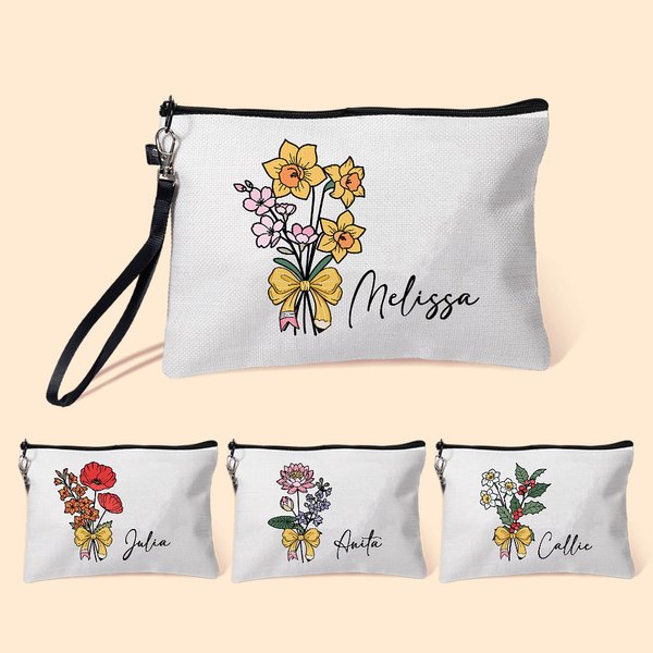 Personlig sminkeveske med navn og håndleddsstropp Fødselsdagsbukett Blyantbue Design Sminkeveske med navn og håndleddsstropp Bursdag Lærerens dag Gave til kvinner