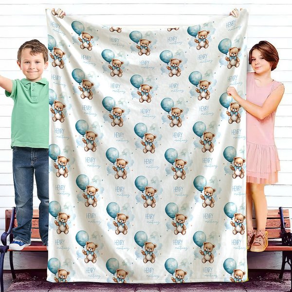 Personalized Cute Bear Soft Blanket with Name Birthday Gift for Boys Girls