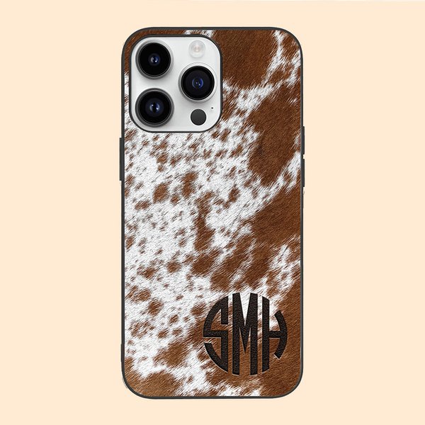 Personalised Faux Cowhide Print Monogram Phone Case for iPhone Birthday Gift for Farm Owner Cow Lover