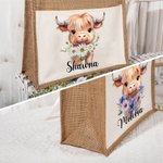 Personalisierte Geburt Blume Hochland Kuh große Jute Tragetasche mit Namen und Canvas Tasche Geburtstag Geschenk für Frauen Hochland Kuh Liebhaber
