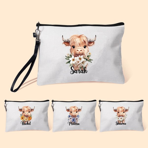 Personligt födelseblomma Highland Cow armband sminkväska med namn födelsedagspresent för kvinnor