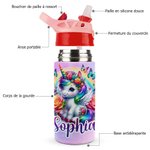 Gourde Isotherme 350ml Personnalisée avec Nom et Motif Licorne Fantastique Bouteille avec Paille en Silicone Cadeau Anniversaire pour Enfant