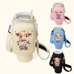 Personalised Highland Cow Birth Flower Name Water Bottle Carrier Bag with Strap Tumbler Accessories for 40oz Stanley Birthday Gift for Family Friend