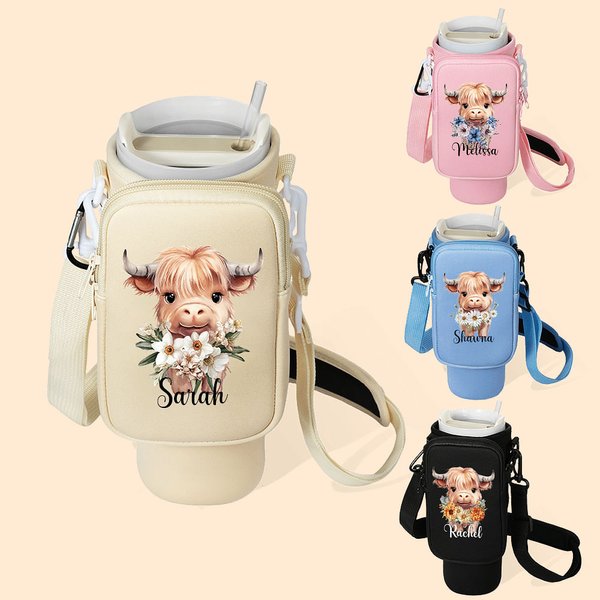 Gepersonaliseerde Highland Cow Geboorte Bloem Naam Waterfles draagtas met riem Tumbler accessoires voor 40oz Stanley Verjaardagscadeau voor familie vr