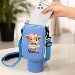 Personalised Highland Cow Birth Flower Name Water Bottle Carrier Bag with Strap Tumbler Accessories for 40oz Stanley Birthday Gift for Family Friend