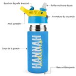 Gourde Isotherme Personnalisée avec Nom Bouteille 350ml avec Paille en Silicone et Anse Cadeau Anniversaire Rentrée Scolaire pour Enfant