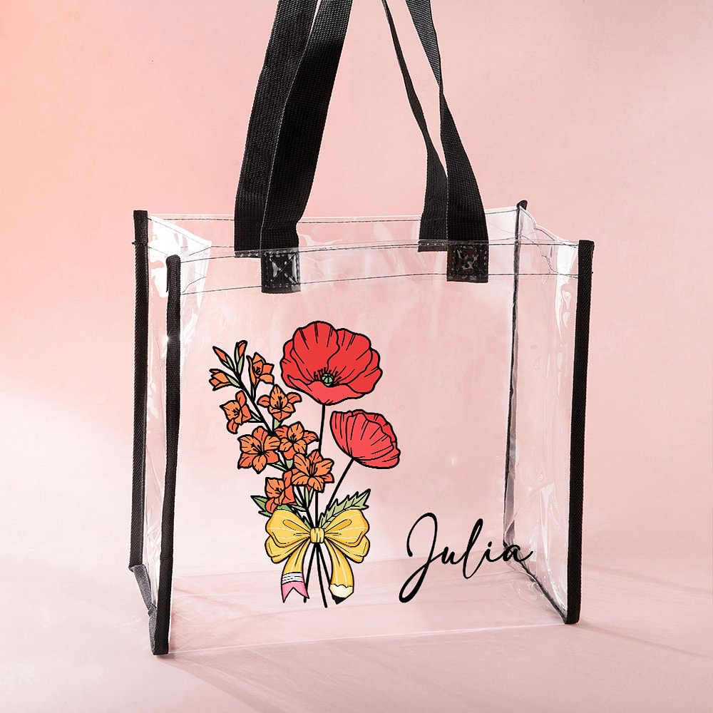 Personnalisé Naissance Fleur Bouquet Crayon Bow Design Clear Tote Bag with Name Waterproof Birthday Teacher's Day Gift for Women