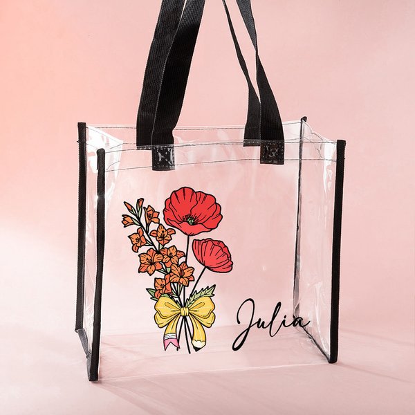 Gepersonaliseerde Geboorte Bloemen Boeket Potlood Strik Ontwerp Duidelijke Tote Tas met Naam Waterdichte Verjaardag Lerarendag Cadeau voor Vrouwen