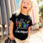 Personalised Adorable Pencil Design 100% Cotton Kid's T-shirt with Name and Grade Back to School First Day of School Gift for Girls Boys