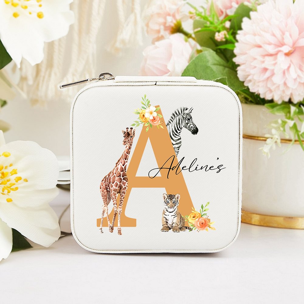 Boîte à bijoux de voyage en cuir personnalisée Girafe Tigre Zèbre Jungle Animaux avec initiale florale et nom Cadeau d'anniversaire pour femmes filles