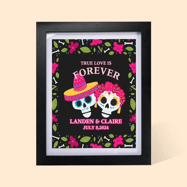Personlig mexikansk blommig sockerskalle Ram med namn och datum Heminredning Day of the Dead Bröllopsgåva för nygifta par