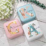 Personlig Giraff Tiger Zebra Djungel Djur Läder Resesmyckeskrin med blommiga initialer och namn Födelsedagspresent för kvinnor Flickor