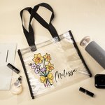 Gepersonaliseerde Geboorte Bloemen Boeket Potlood Strik Ontwerp Duidelijke Tote Tas met Naam Waterdichte Verjaardag Lerarendag Cadeau voor Vrouwen