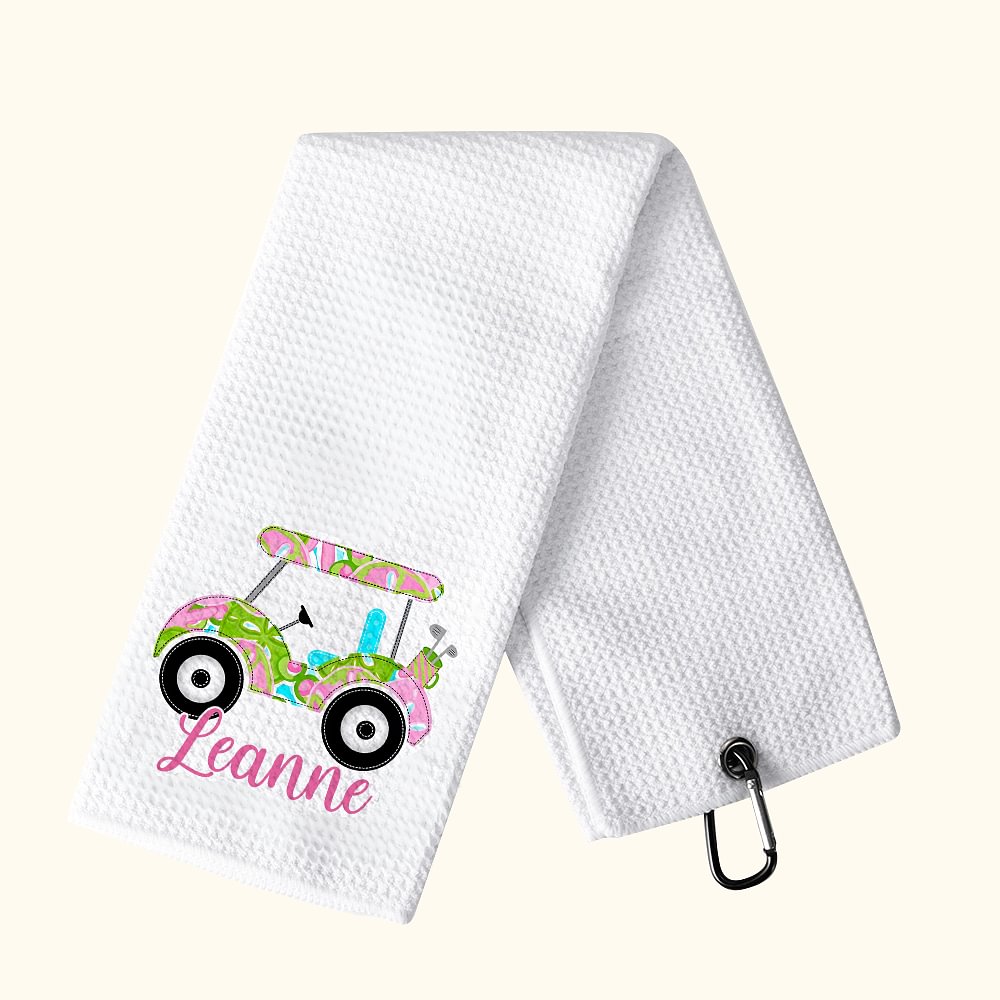 Serviette gaufrée personnalisée en coton 100% pour chariot de golf, super absorbante, couleurs multiples, avec clip d'accrochage pour le nom Cadeau d'anniversaire pour les amateurs de golf