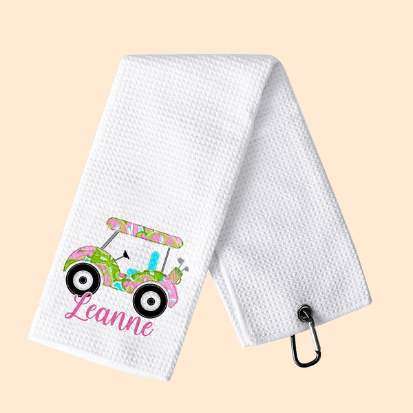 Personalized Super Absorbent Multiple Colors 100% Cotton Golf Cart Waffle Towel with Name Hanging Clip Birthday Gift for Golf Lovers