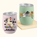 Personalized Multicolor Cute Ghost Nurse 12oz Wine Tumbler with Name and Spill-proof Lid Halloween  Gift for Nurse Medical Staff