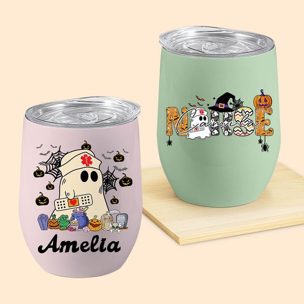 Personalisierte Multicolor niedlichen Geist Krankenschwester 12oz Wein Becher mit Namen und Spill-proof Deckel Halloween Geschenk für Krankenschwester