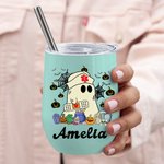 Personalized Multicolor Cute Ghost Nurse 12oz Wine Tumbler with Name and Spill-proof Lid Halloween  Gift for Nurse Medical Staff