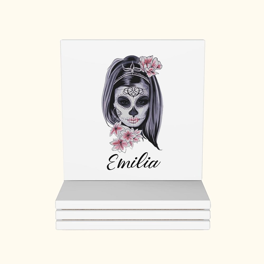 Dessous de verre crâne floral personnalisé avec nom Cadeau festif pour les amateurs de crânes gothiques