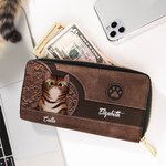 Personalisierte Retro Cartoon-Katze PU-Leder Geldbörse mit Namen Mehrere Fächer Reißverschluss Brieftasche Geburtstag Geschenk für Katzenliebhaber