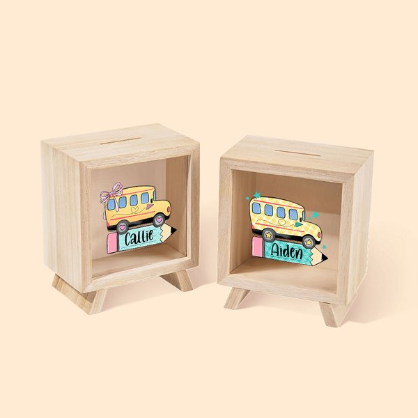 Personalisierte Coquette Bogen Stern Schule Bus Bleistift Design hölzerne Spardose mit Namen zurück zu Schule Geschenk für Kinder