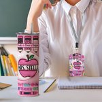 Personalisierte rosa Apple Pencil Food-Grade 20oz Skinny Tumbler und ID Badge Holder mit Namen Wertschätzung zurück zu Schule Geschenk für Lehrer
