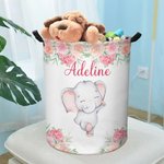 Personalized Floral Elephant Waterproof Oxford Cloth Portable Toy Storage Laundry Basket with Name Birthday Gift for Children