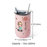 Personalized Cartoon Character Birth Flower 12oz Name Insulated Coffee Tumbler with Straw and Lid Travel Essentials Party Favors Gift for Women Girls