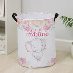 Personalized Floral Elephant Waterproof Oxford Cloth Portable Toy Storage Laundry Basket with Name Birthday Gift for Children
