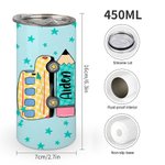 Scuolabus personalizzato multicolore con disegno di matita e bicchiere isolato da 15 oz con nome Regalo di compleanno per bambini e studenti