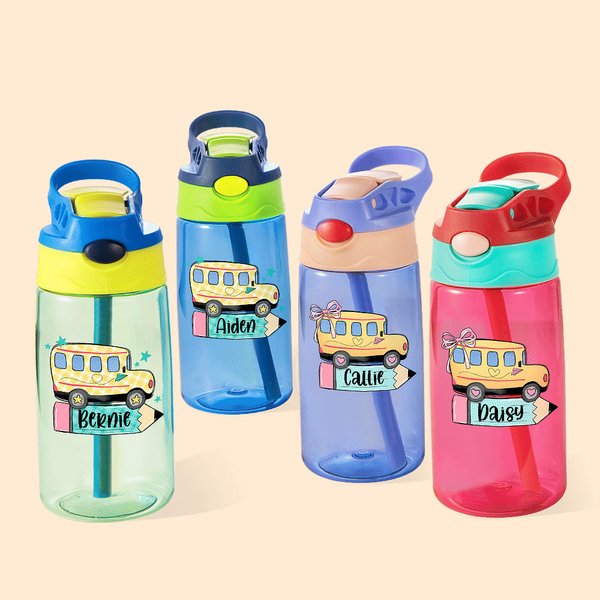 Bouteille d'eau 475 ml personnalisée pour enfants avec nom et poignée Paille en silicone Cadeau d'anniversaire de rentrée pour garçons filles