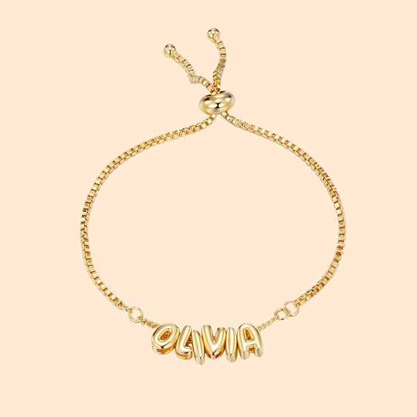 Personalised 3D Bubble Balloon Letter Adjustable Bracelet with Box Chain Initial Name Jewellery Birthday Anniversary Gift for Women