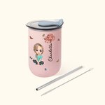 Personalized Cartoon Character Birth Flower 12oz Name Insulated Coffee Tumbler with Straw and Lid Travel Essentials Party Favors Gift for Women Girls