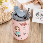 Personalized Cartoon Character Birth Flower 12oz Name Insulated Coffee Tumbler with Straw and Lid Travel Essentials Party Favors Gift for Women Girls