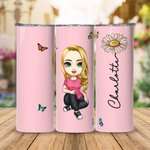 Henkilökohtainen söpö sarjakuvahahmo ja syntymä kukka suunnittelu 20oz nimi Skinny Tumbler olki Travel Essentials syntymäpäivälahja perheen ystävä