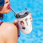 Personalized Cartoon Character Birth Flower 12oz Name Insulated Coffee Tumbler with Straw and Lid Travel Essentials Party Favors Gift for Women Girls