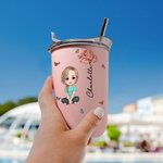 Personalized Cartoon Character Birth Flower 12oz Name Insulated Coffee Tumbler with Straw and Lid Travel Essentials Party Favors Gift for Women Girls