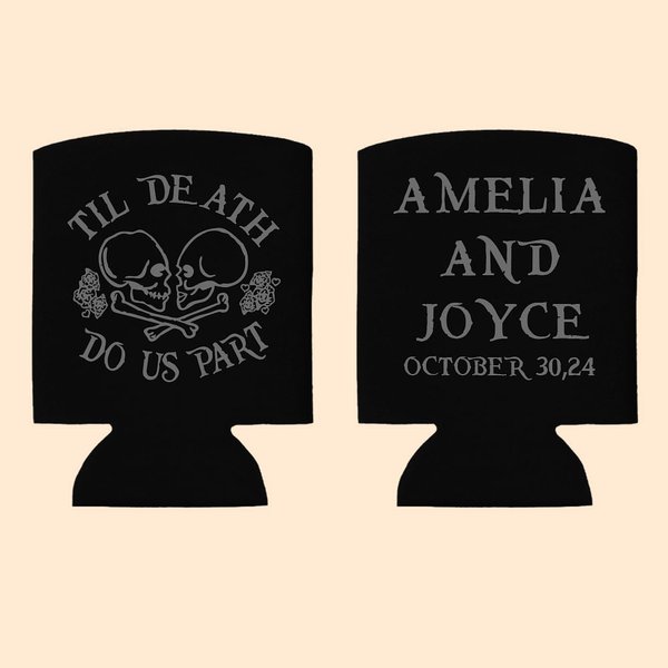 Personalised Til Death Do Us Part Sugar Skull Beer Can Cooler Sleeve with Name and Date Set of 12 Day of the Dead Wedding Gift for Family Couple
