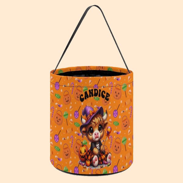 Personalisierte Kürbis Hochland Kuh Design große Süßigkeit Trick oder behandeln Eimer Tasche mit Namen Halloween Party Geschenk für Kinder