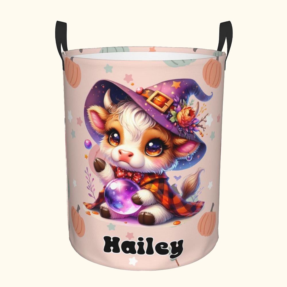 Panier de Rangement en Oxford Imperméable Personnalisé avec Nom Motif Vache de Highland Grande Capacité Cadeau d'Halloween pour les Enfants