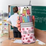 Personalized 3D Effect Pink Stars Pencil Case Design 20oz Skinny Tumbler with Lid and Straw Back to School Appreciation Gift for Teacher Student