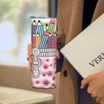 Personalized 3D Effect Pink Stars Pencil Case Design 20oz Skinny Tumbler with Lid and Straw Back to School Appreciation Gift for Teacher Student