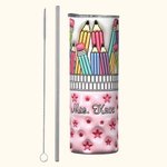 Personalized 3D Effect Pink Stars Pencil Case Design 20oz Skinny Tumbler with Lid and Straw Back to School Appreciation Gift for Teacher Student
